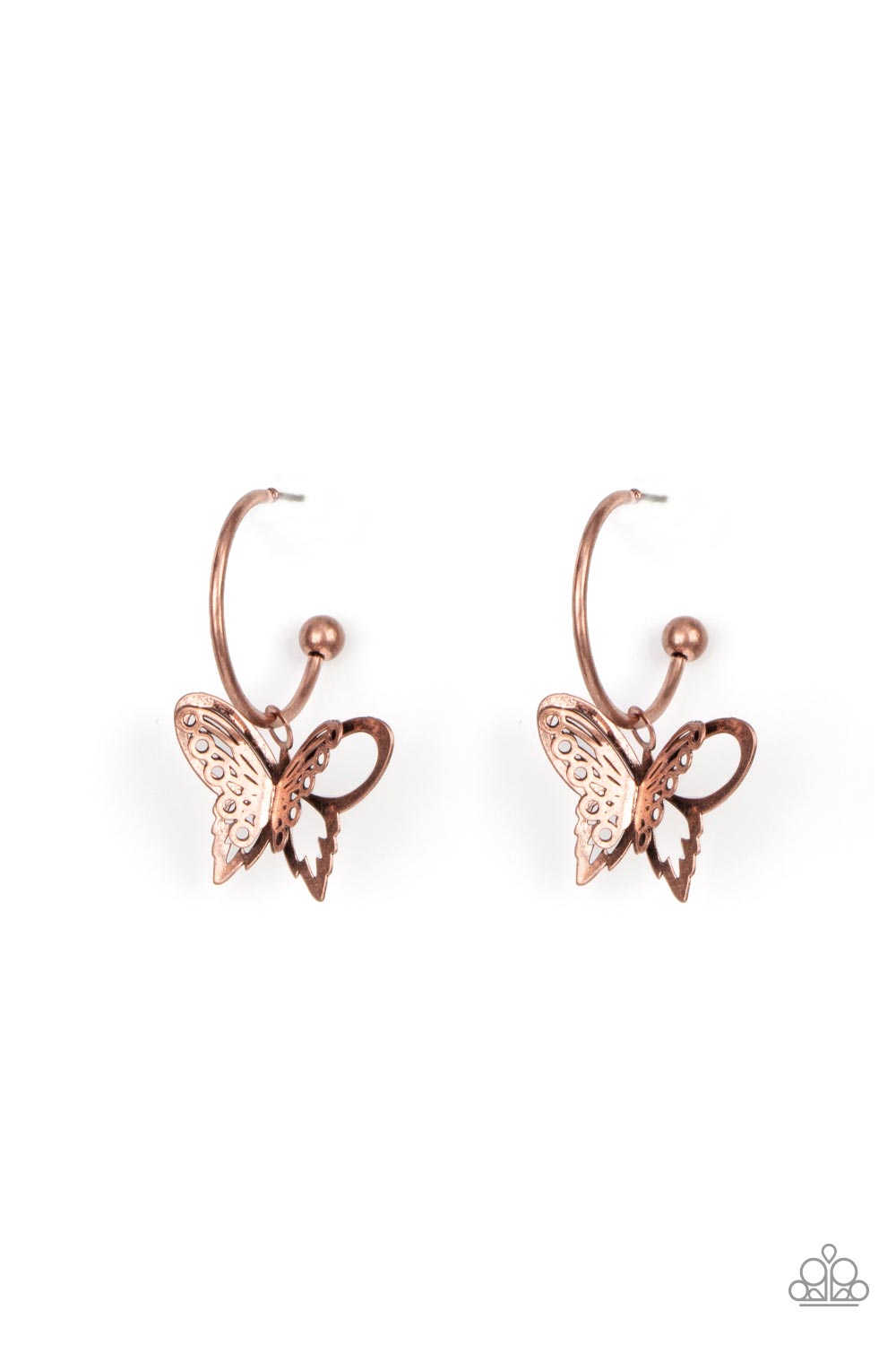 Butterfly Freestyle Copper Hoop Earrings - Paparazzi Accessories- lightbox - CarasShop.com - Paparazzi Jewelry by Cara Jewels