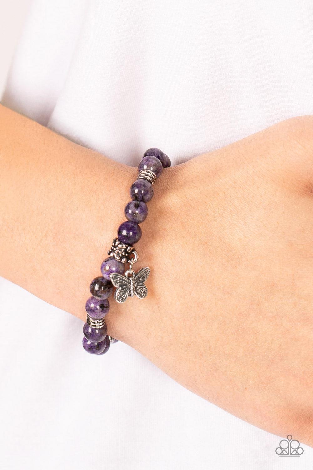 Butterfly Nirvana Purple Stone Bracelet - Paparazzi Accessories- on model - CarasShop.com - Paparazzi Jewelry by Cara Jewels
