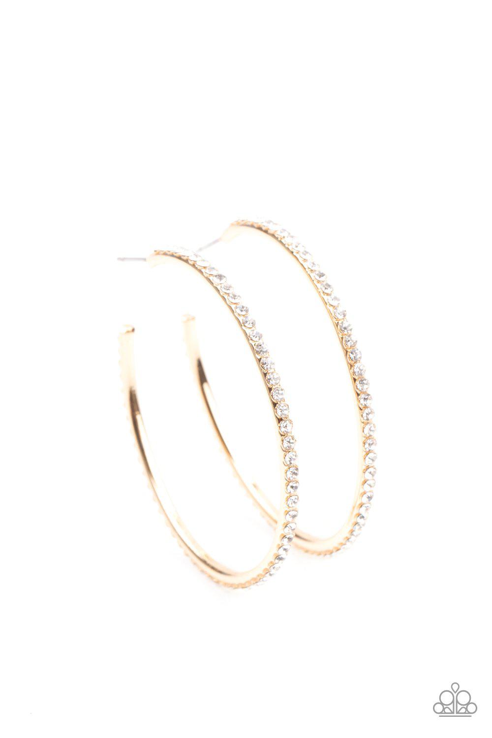 By Popular Vote Gold and White Rhinestone Hoop Earrings - Paparazzi Accessories- lightbox - CarasShop.com - Paparazzi Jewelry by Cara Jewels