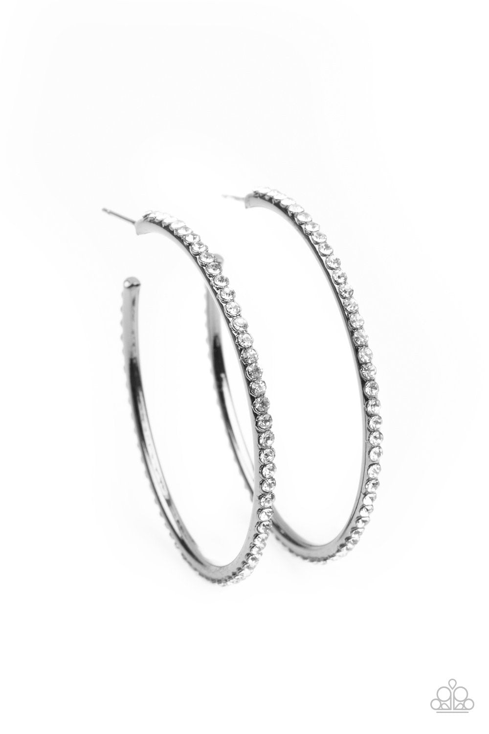 By Popular Vote Gunmetal Black and White Rhinestone Hoop Earrings - Paparazzi Accessories- lightbox - CarasShop.com - Paparazzi Jewelry by Cara Jewels
