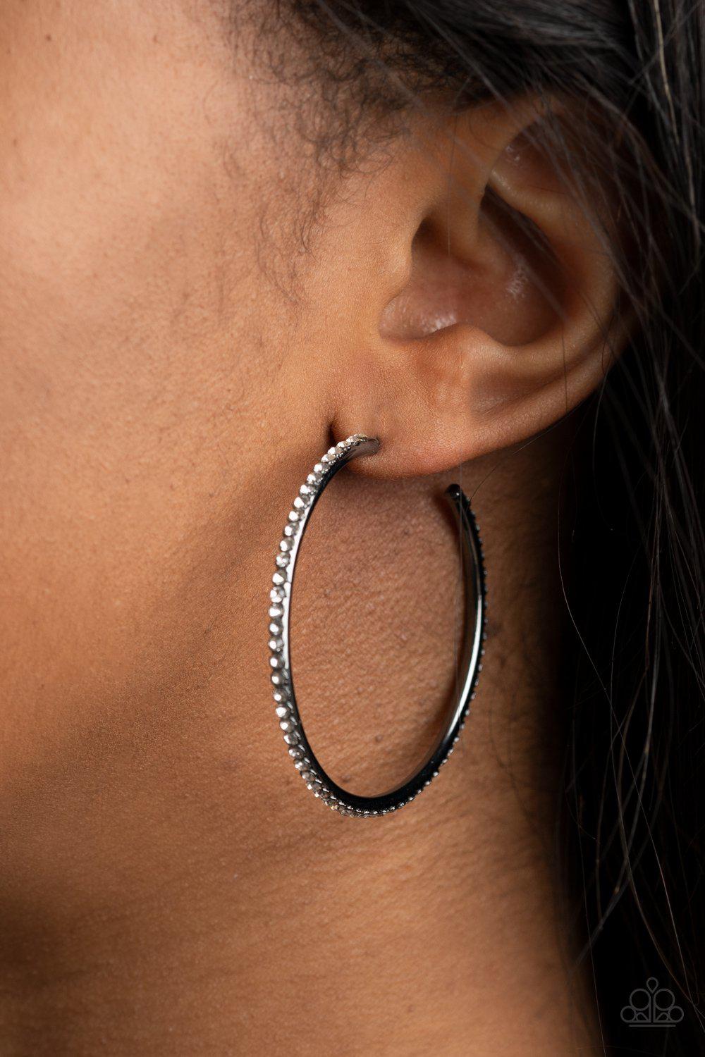 By Popular Vote Gunmetal Black and White Rhinestone Hoop Earrings - Paparazzi Accessories- on model - CarasShop.com - Paparazzi Jewelry by Cara Jewels