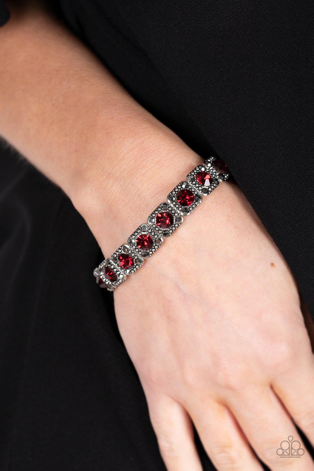 Cache Commodity Red Rhinestone Bracelet - Paparazzi Accessories- on model - CarasShop.com - Paparazzi Jewelry by Cara Jewels