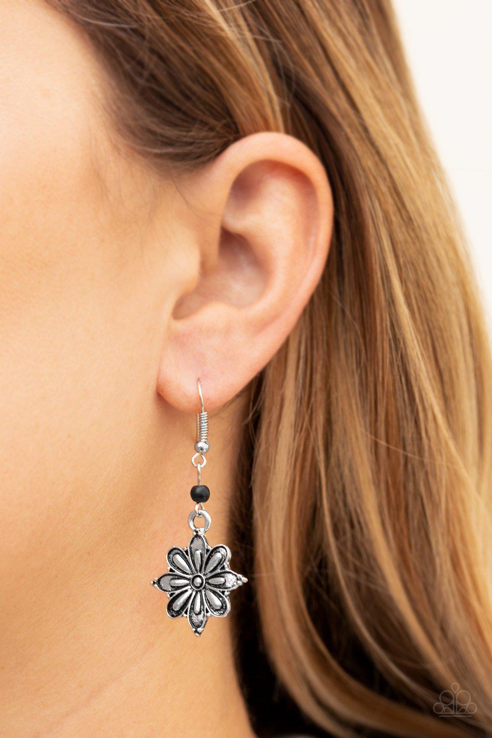 Cactus Blossom Black and Silver Flower Earrings - Paparazzi Accessories- on model - CarasShop.com - Paparazzi Jewelry by Cara Jewels