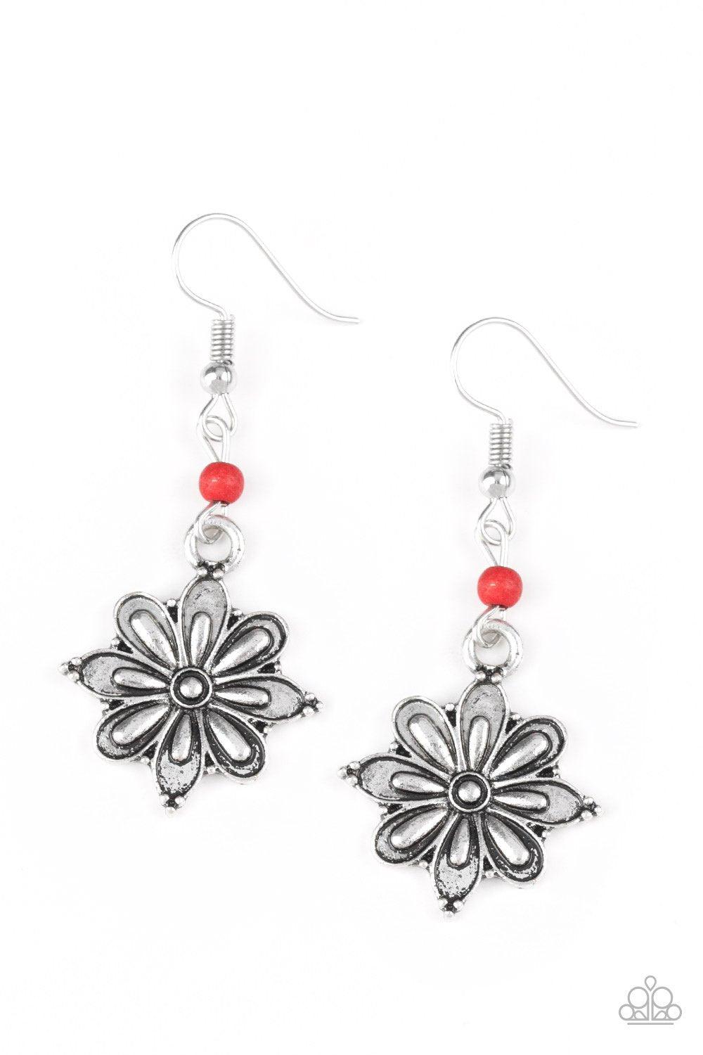 Cactus Blossom Red and Silver Flower Earrings - Paparazzi Accessories- lightbox - CarasShop.com - Paparazzi Jewelry by Cara Jewels