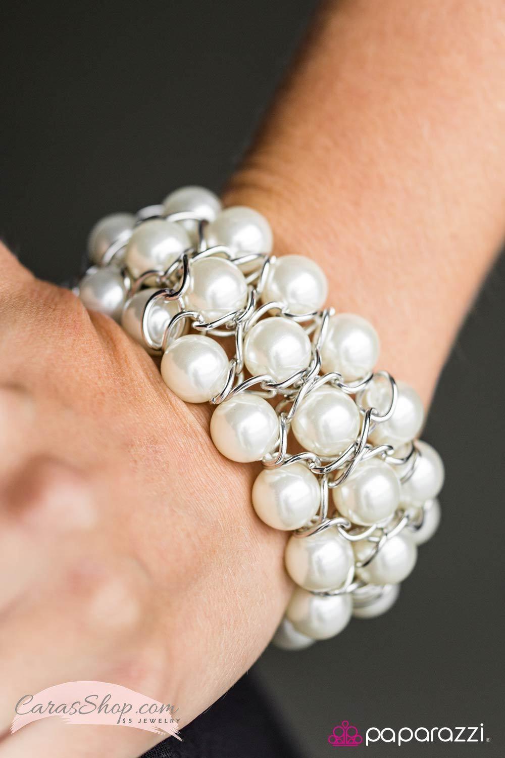 Cadillac Lane White Pearl Stretch Bracelet - Paparazzi Accessories- on model - CarasShop.com - Paparazzi Jewelry by Cara Jewels
