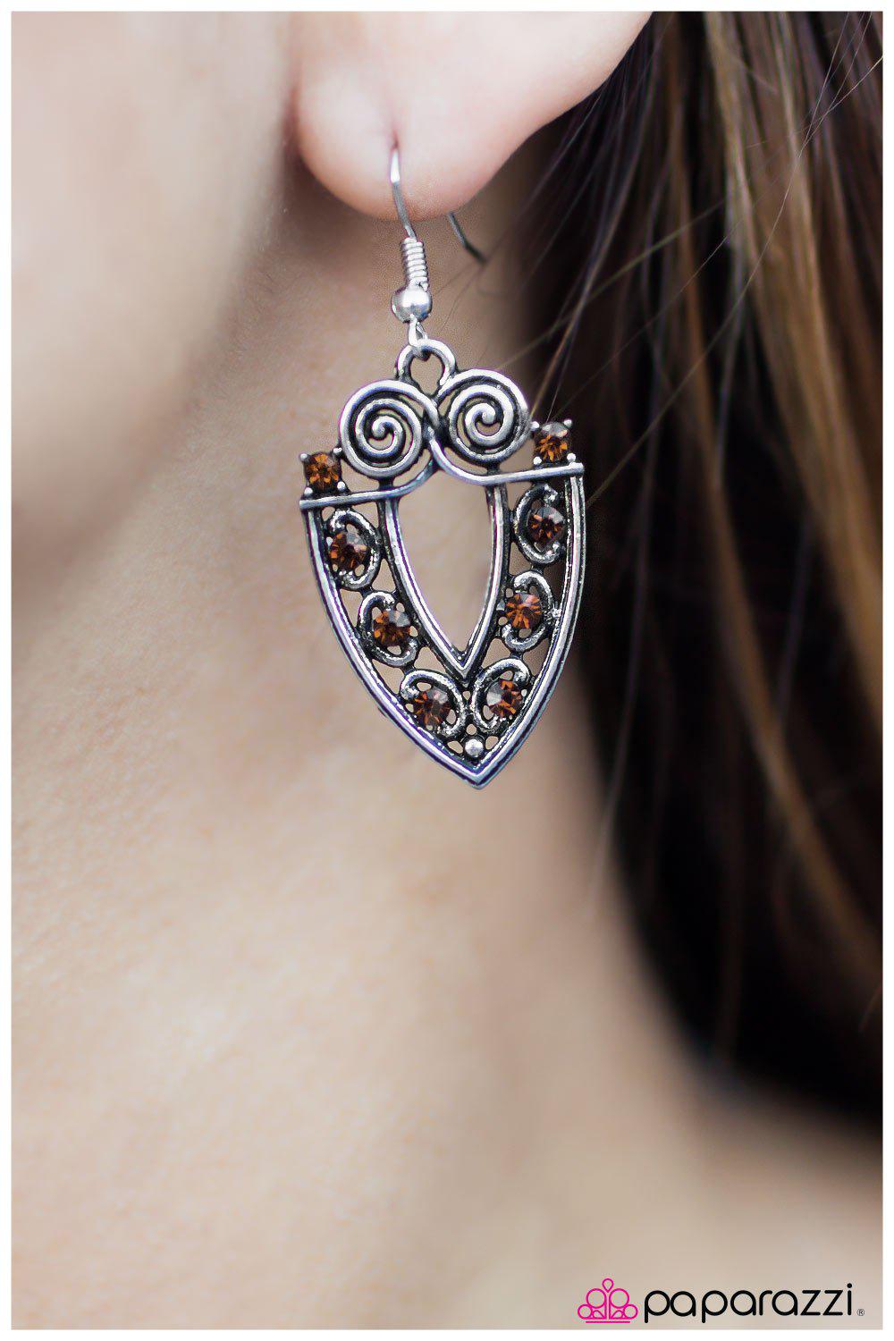 Call A Spade A Spade Brown Rhinestone and Silver Earrings - Paparazzi Accessories- on model - CarasShop.com - Paparazzi Jewelry by Cara Jewels