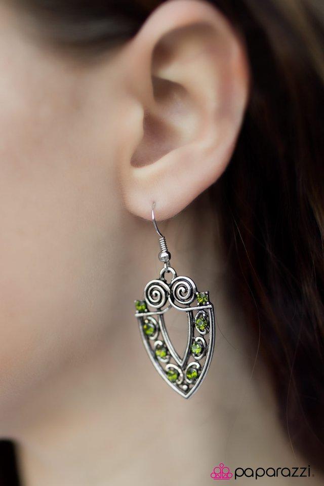 Call A Spade A Spade Green Rhinestone and Silver Earrings - Paparazzi Accessories- on model - CarasShop.com - Paparazzi Jewelry by Cara Jewels