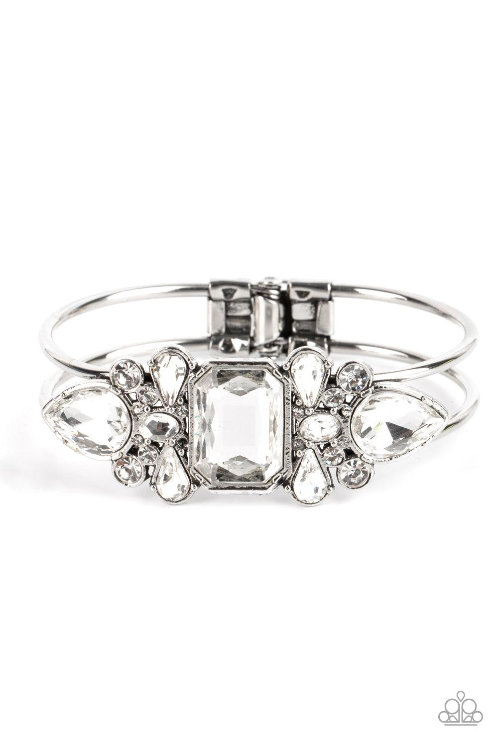 Call Me Old-Fashioned White Rhinestone Hinged Bracelet - Paparazzi Accessories- lightbox - CarasShop.com - Paparazzi Jewelry by Cara Jewels