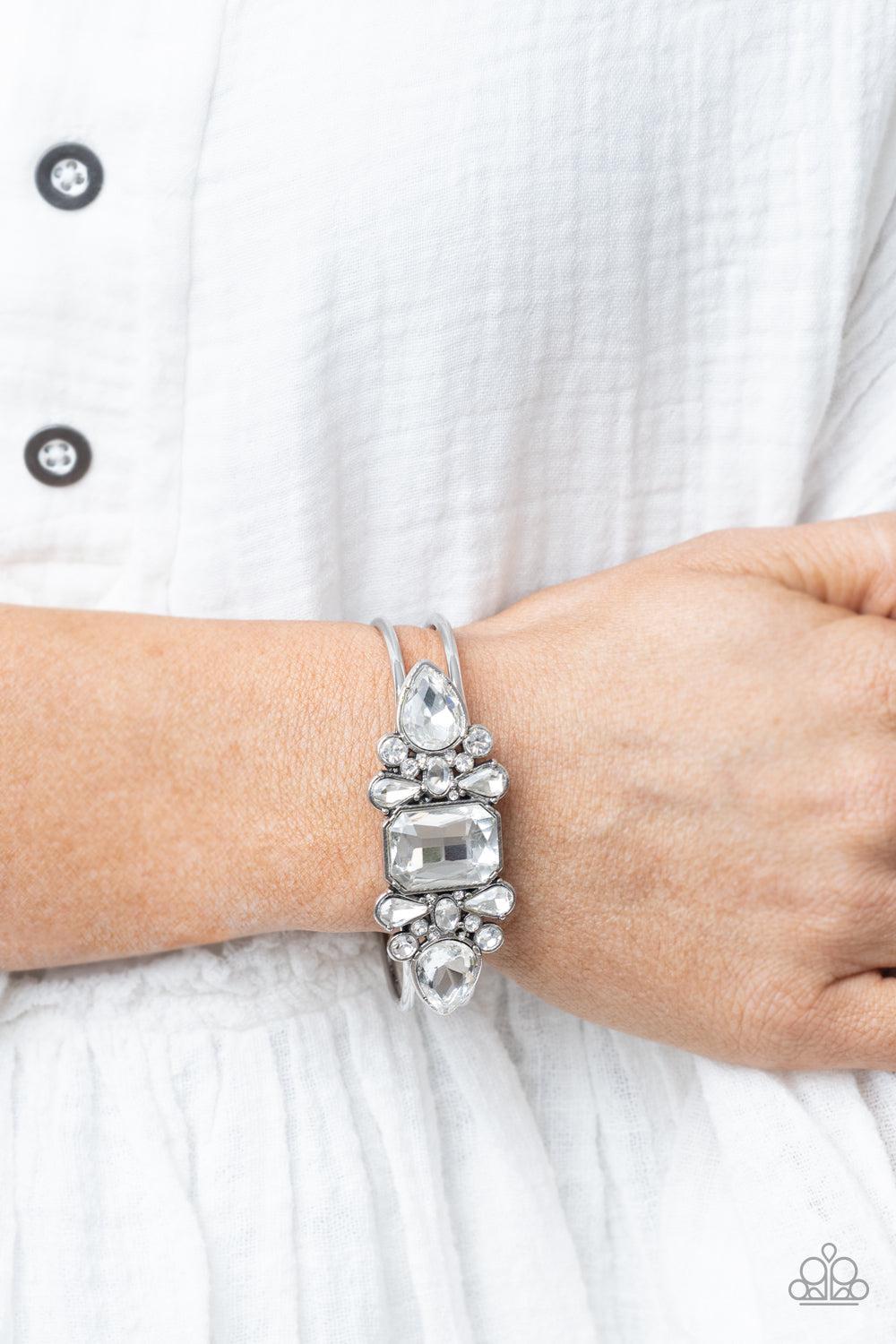 Call Me Old-Fashioned White Rhinestone Hinged Bracelet - Paparazzi Accessories- on model - CarasShop.com - Paparazzi Jewelry by Cara Jewels