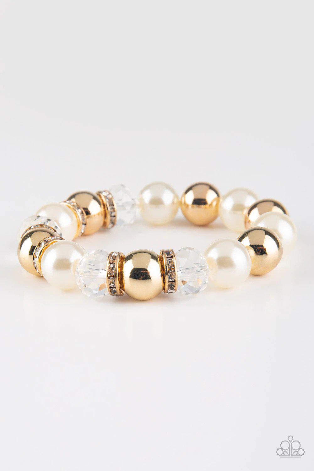 Camera Chic White and Gold Pearl Bracelet - Paparazzi Accessories- lightbox - CarasShop.com - Paparazzi Jewelry by Cara Jewels
