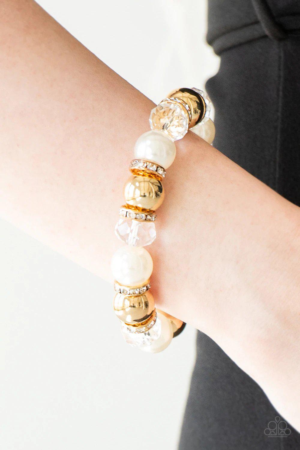 Camera Chic White and Gold Pearl Bracelet - Paparazzi Accessories- on model - CarasShop.com - Paparazzi Jewelry by Cara Jewels