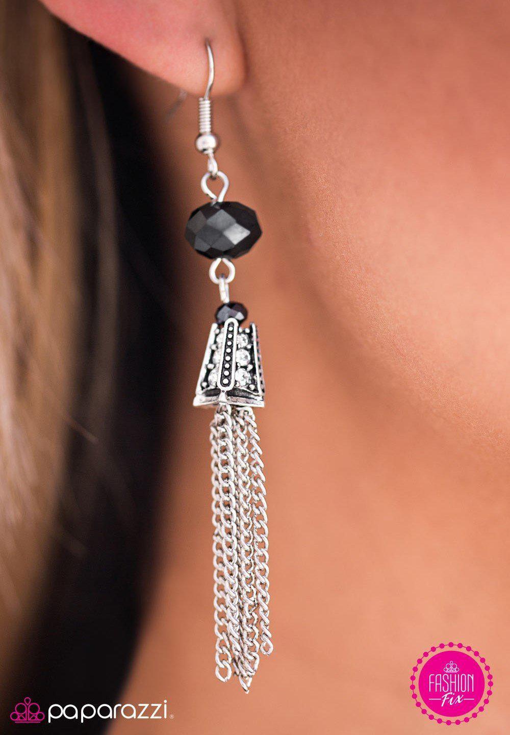 Can I Borrow a Cup Of SHIMMER Silver and Blue Tassel Earrings - Paparazzi Accessories- on model - CarasShop.com - Paparazzi Jewelry by Cara Jewels