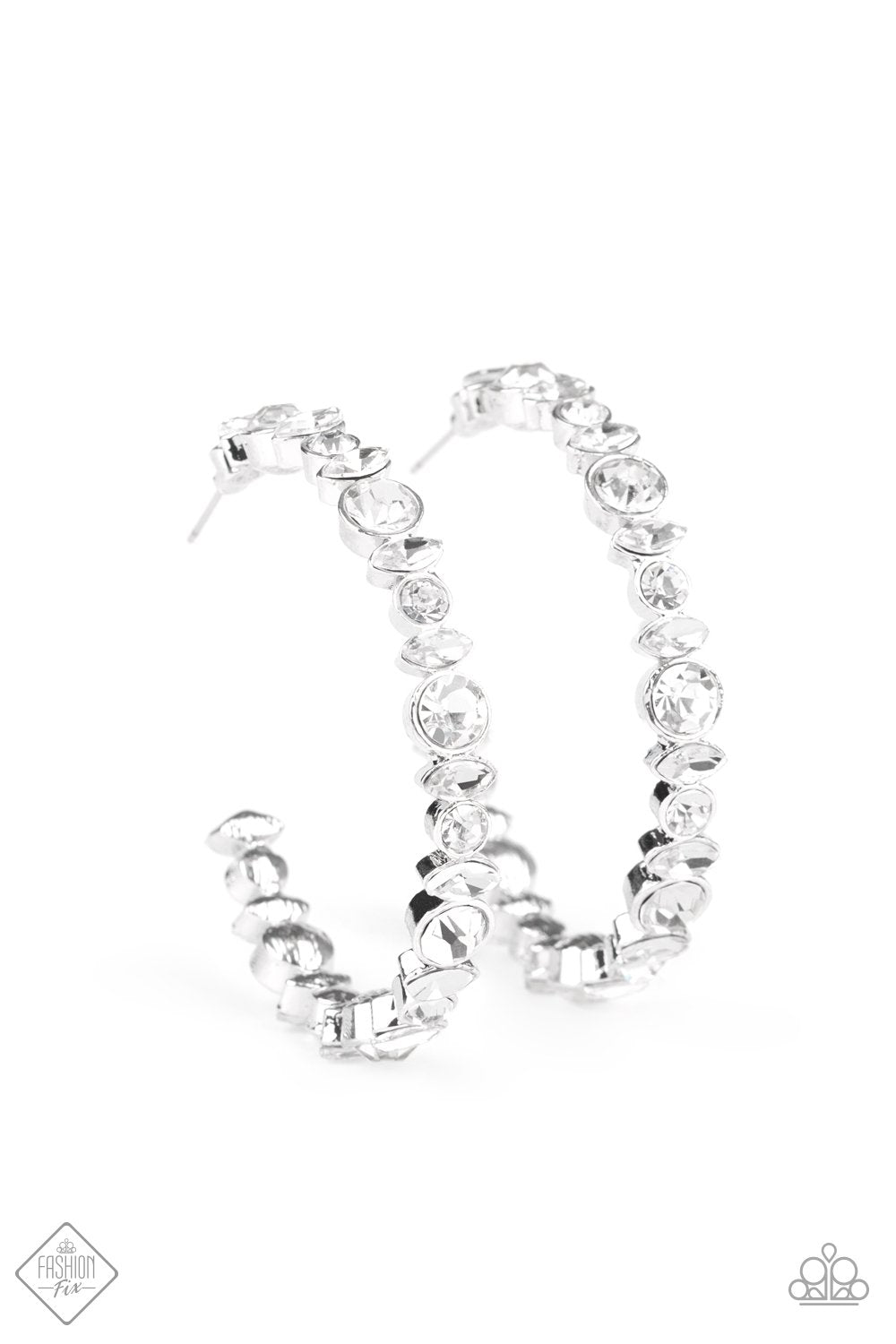 Can I Have Your Attention White Rhinestone Hoop Earrings - Paparazzi Accessories- lightbox - CarasShop.com - Paparazzi Jewelry by Cara Jewels