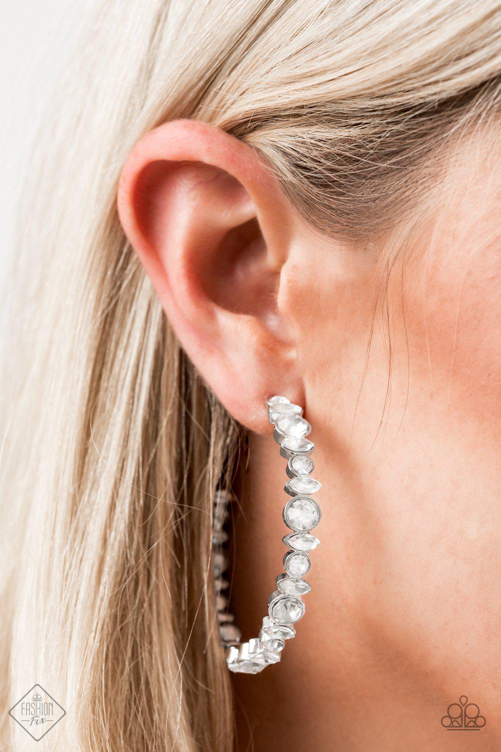 Can I Have Your Attention White Rhinestone Hoop Earrings - Paparazzi Accessories- on model - CarasShop.com - Paparazzi Jewelry by Cara Jewels