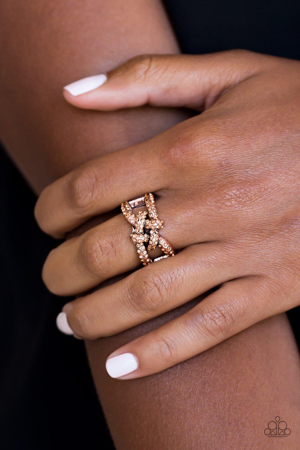 Can Only Go UPSCALE From Here Copper Rhinestone Ring - Paparazzi Accessories- on model - CarasShop.com - Paparazzi Jewelry by Cara Jewels