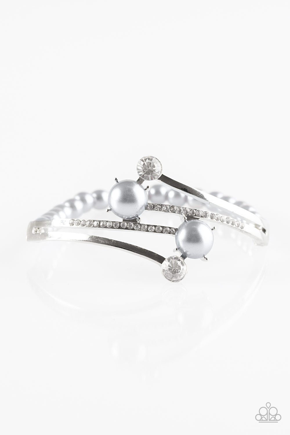 Can Only Go UPSCALE Silver Pearl and White Rhinestone Stretch Bracelet - Paparazzi Accessories- lightbox - CarasShop.com - Paparazzi Jewelry by Cara Jewels