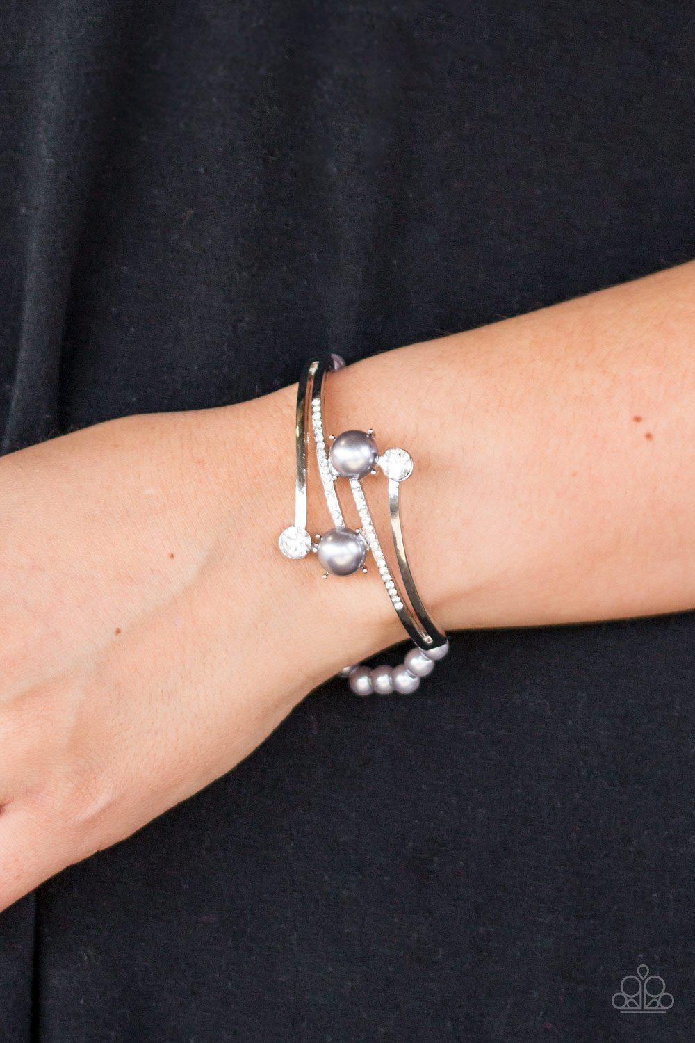 Can Only Go UPSCALE Silver Pearl and White Rhinestone Stretch Bracelet - Paparazzi Accessories- on model - CarasShop.com - Paparazzi Jewelry by Cara Jewels