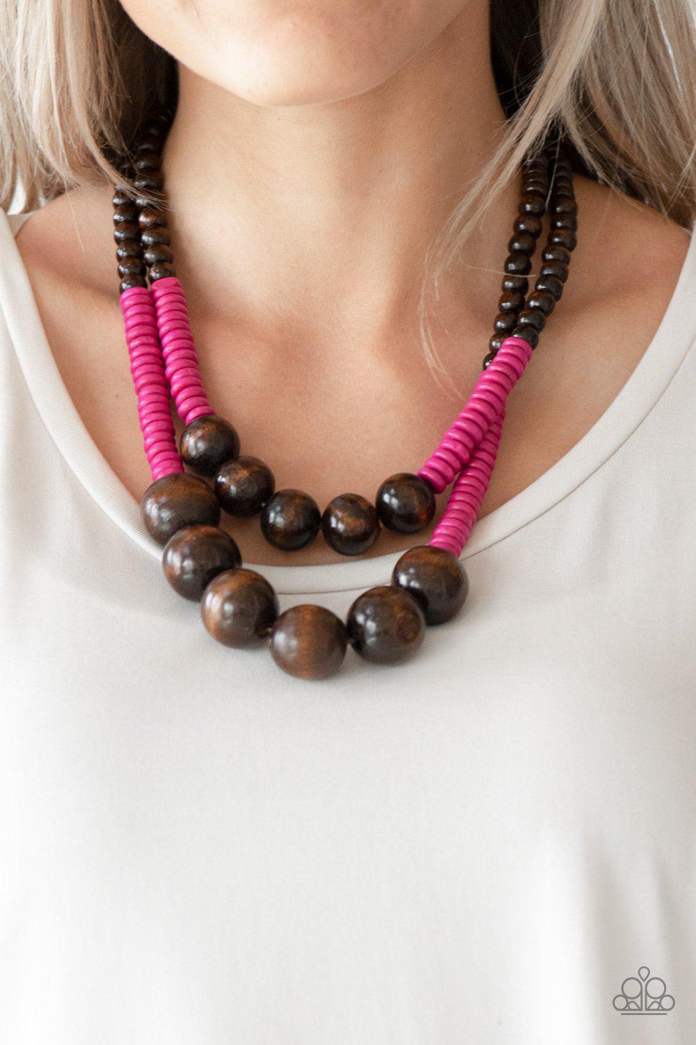 Cancun Cast Away Pink and Brown Wood Necklace - Paparazzi Accessories- on model - CarasShop.com - Paparazzi Jewelry by Cara Jewels