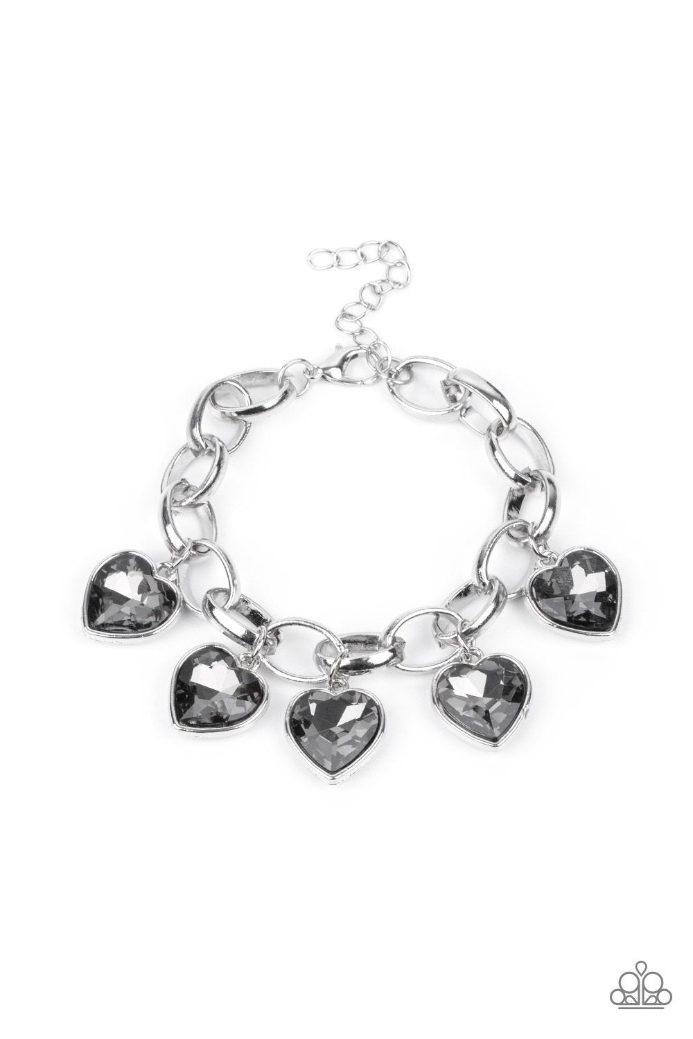 Candy Heart Charmer Silver Rhinestone Heart Charm Bracelet - Paparazzi Accessories- lightbox - CarasShop.com - Paparazzi Jewelry by Cara Jewels