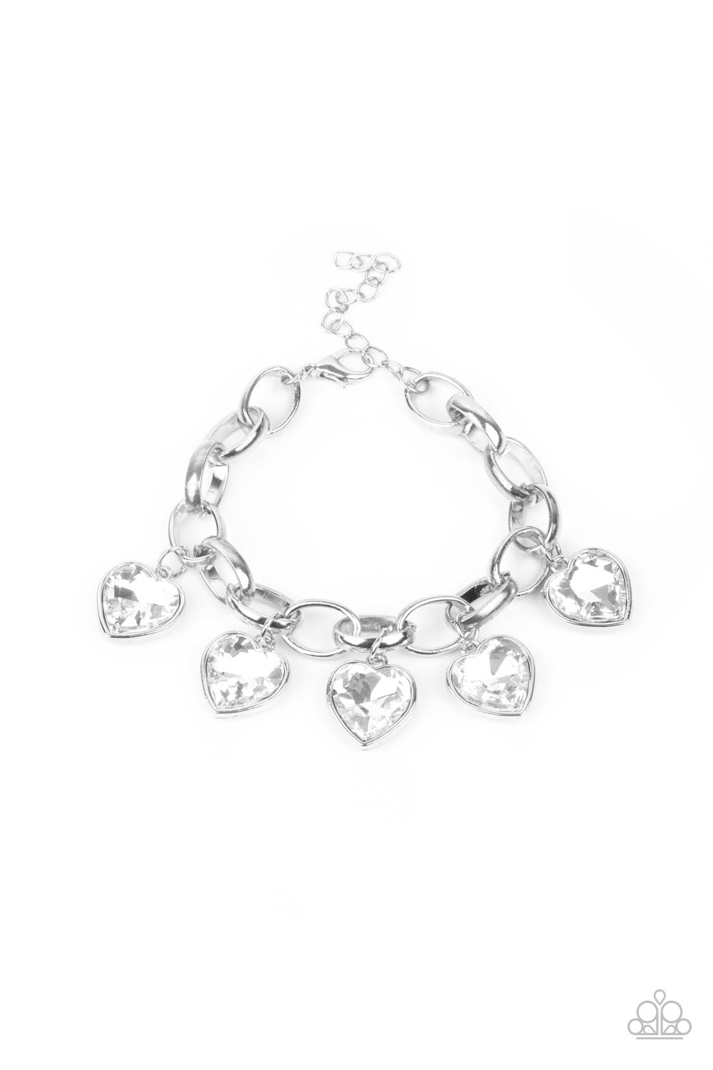 Candy Heart Charmer White Rhinestone Heart Charm Bracelet - Paparazzi Accessories- lightbox - CarasShop.com - Paparazzi Jewelry by Cara Jewels
