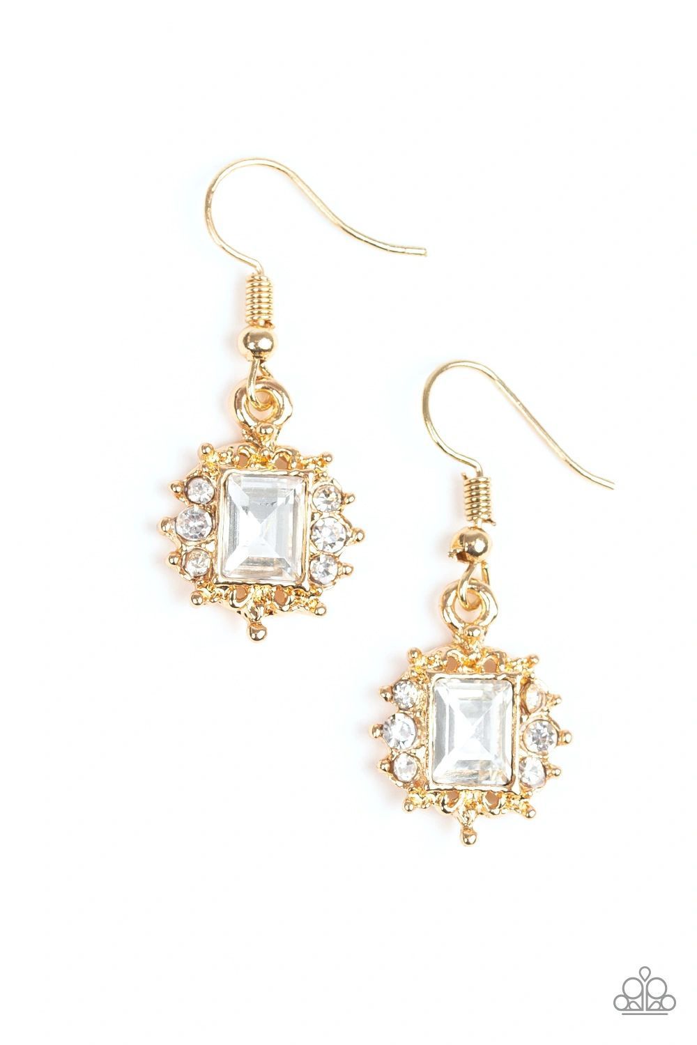 Can't Stop The REIGN Gold and White Rhinestone Earrings - Paparazzi Accessories- lightbox - CarasShop.com - Paparazzi Jewelry by Cara Jewels