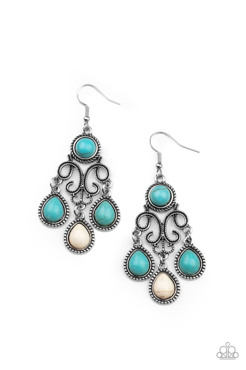 Canyon Chandelier Multi Turquoise Blue and White Stone Earrings - Paparazzi Accessories- lightbox - CarasShop.com - Paparazzi Jewelry by Cara Jewels
