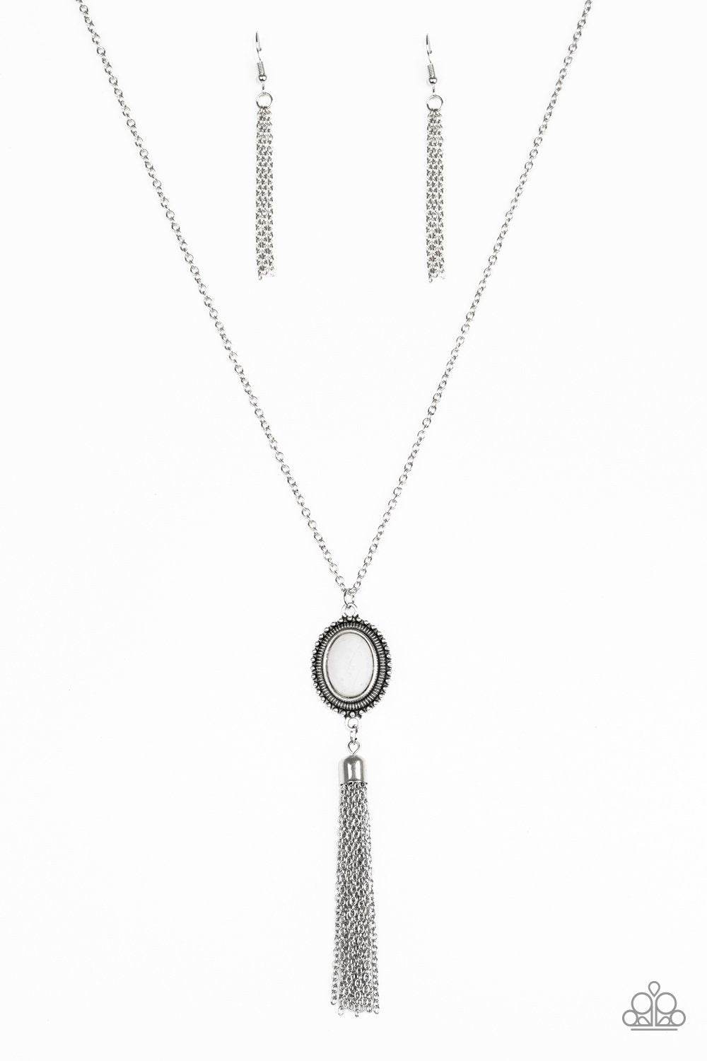 Canyon Climb Silver and White Tassel Necklace - Paparazzi Accessories- lightbox - CarasShop.com - Paparazzi Jewelry by Cara Jewels