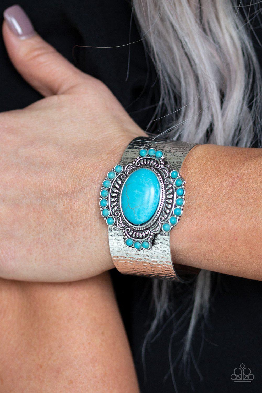 Canyon Crafted Turquoise Blue Stone and Silver Cuff Bracelet - Paparazzi Accessories- on model - CarasShop.com - Paparazzi Jewelry by Cara Jewels