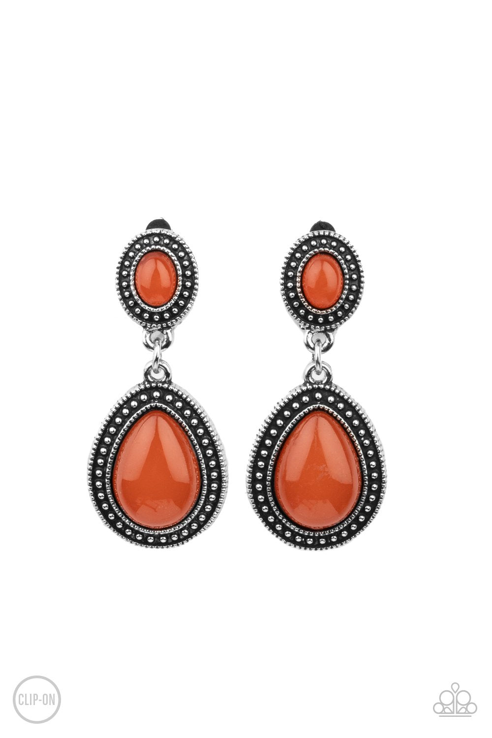 Carefree Clairvoyance Orange Opal Clip-On Earrings - Paparazzi Accessories- lightbox - CarasShop.com - Paparazzi Jewelry by Cara Jewels