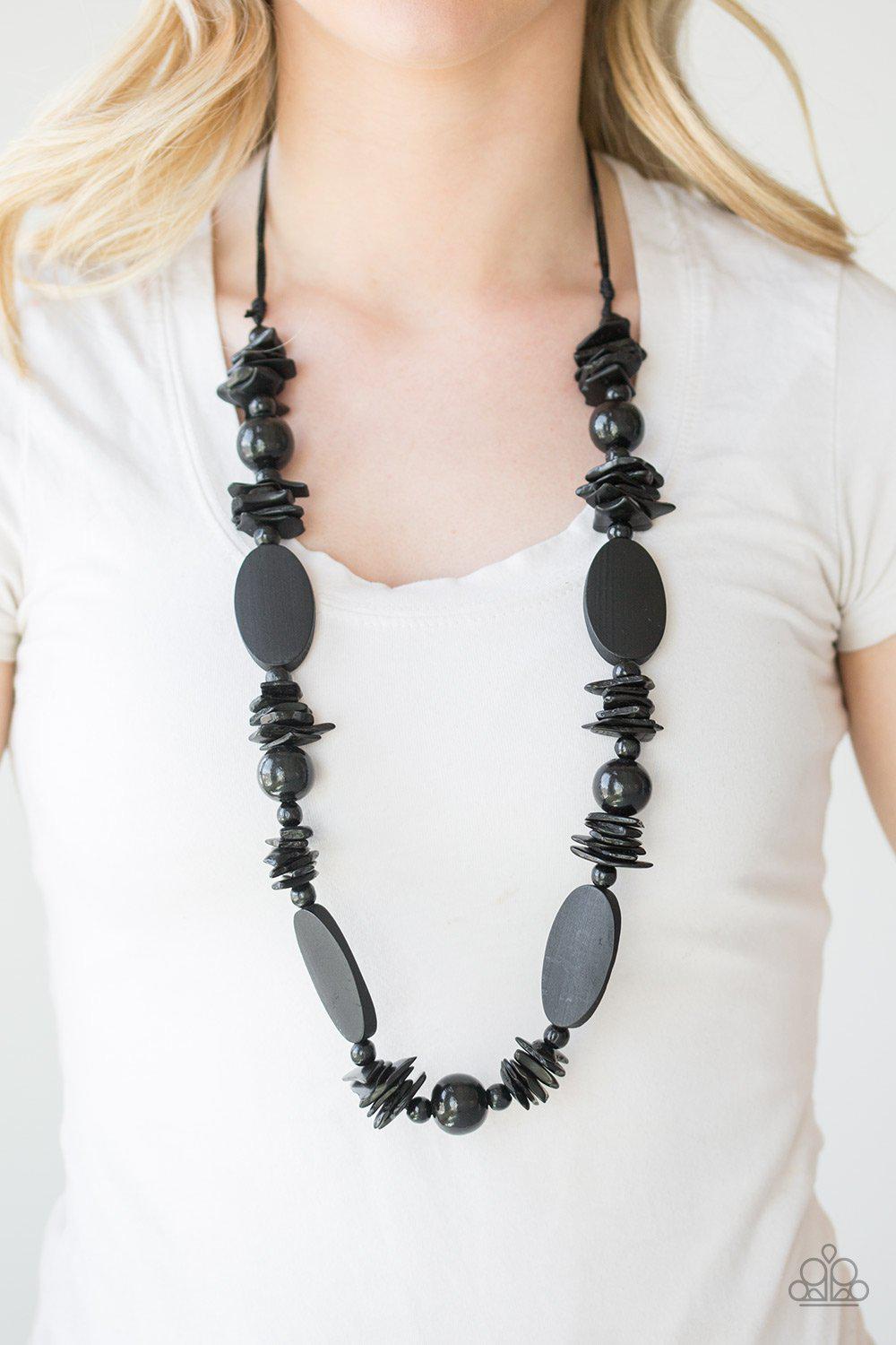 Carefree Cococay Black Wood Necklace - Paparazzi Accessories- on model - CarasShop.com - Paparazzi Jewelry by Cara Jewels