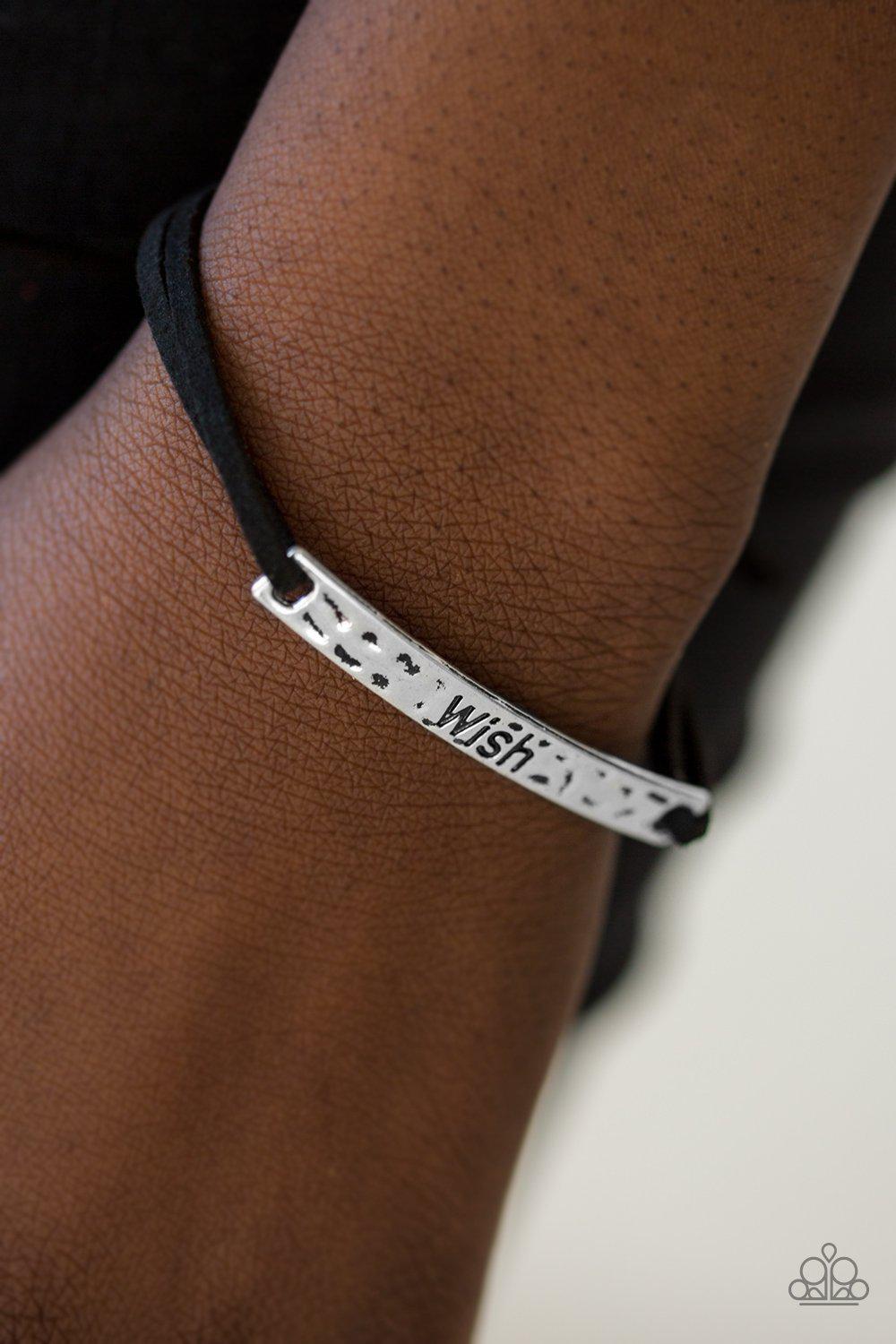 Careful What You Wish For Black Inspirational Urban Knot Bracelet - Paparazzi Accessories- on model - CarasShop.com - Paparazzi Jewelry by Cara Jewels