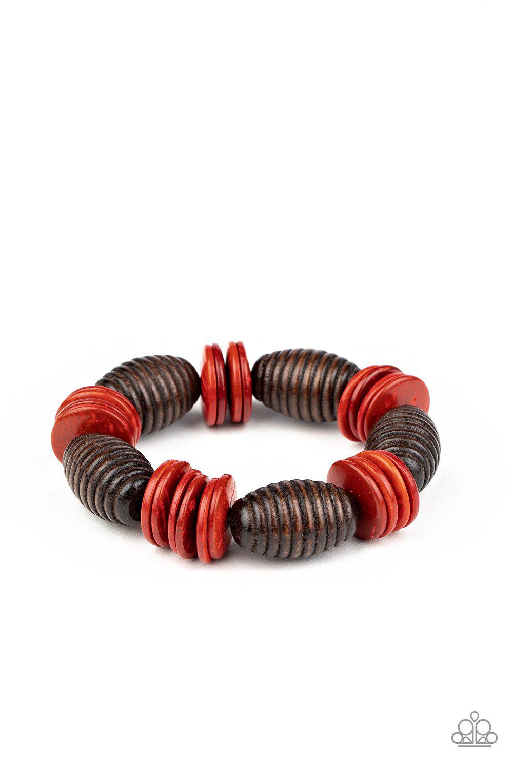 Caribbean Castaway Red and Brown Wood Bracelet - Paparazzi Accessories- lightbox - CarasShop.com - Paparazzi Jewelry by Cara Jewels