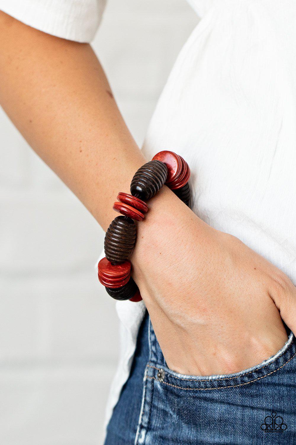 Caribbean Castaway Red and Brown Wood Bracelet - Paparazzi Accessories- lightbox - CarasShop.com - Paparazzi Jewelry by Cara Jewels