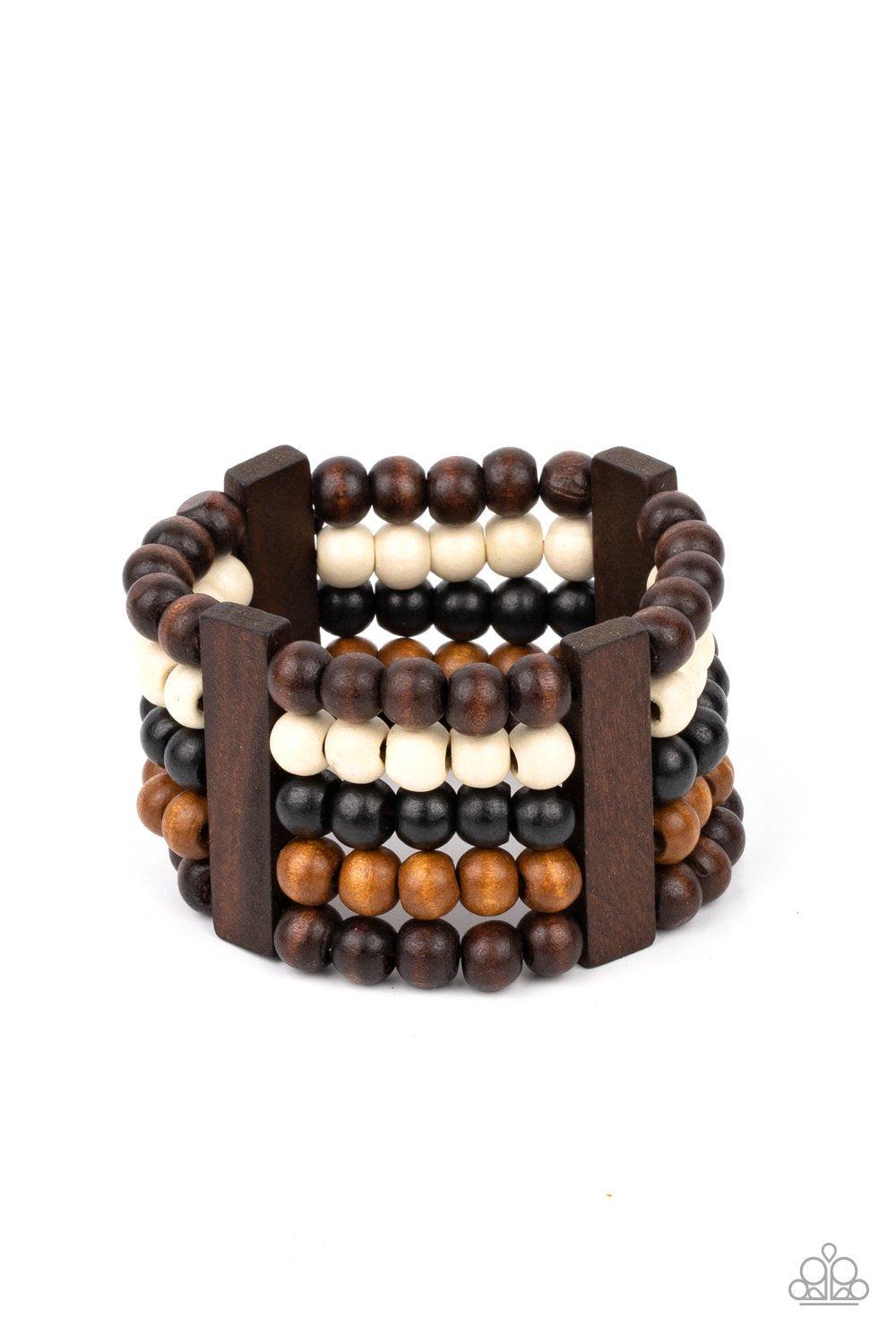 Caribbean Catwalk Multi Brown, Black and White Wood Bracelet - Paparazzi Accessories- lightbox - CarasShop.com - Paparazzi Jewelry by Cara Jewels
