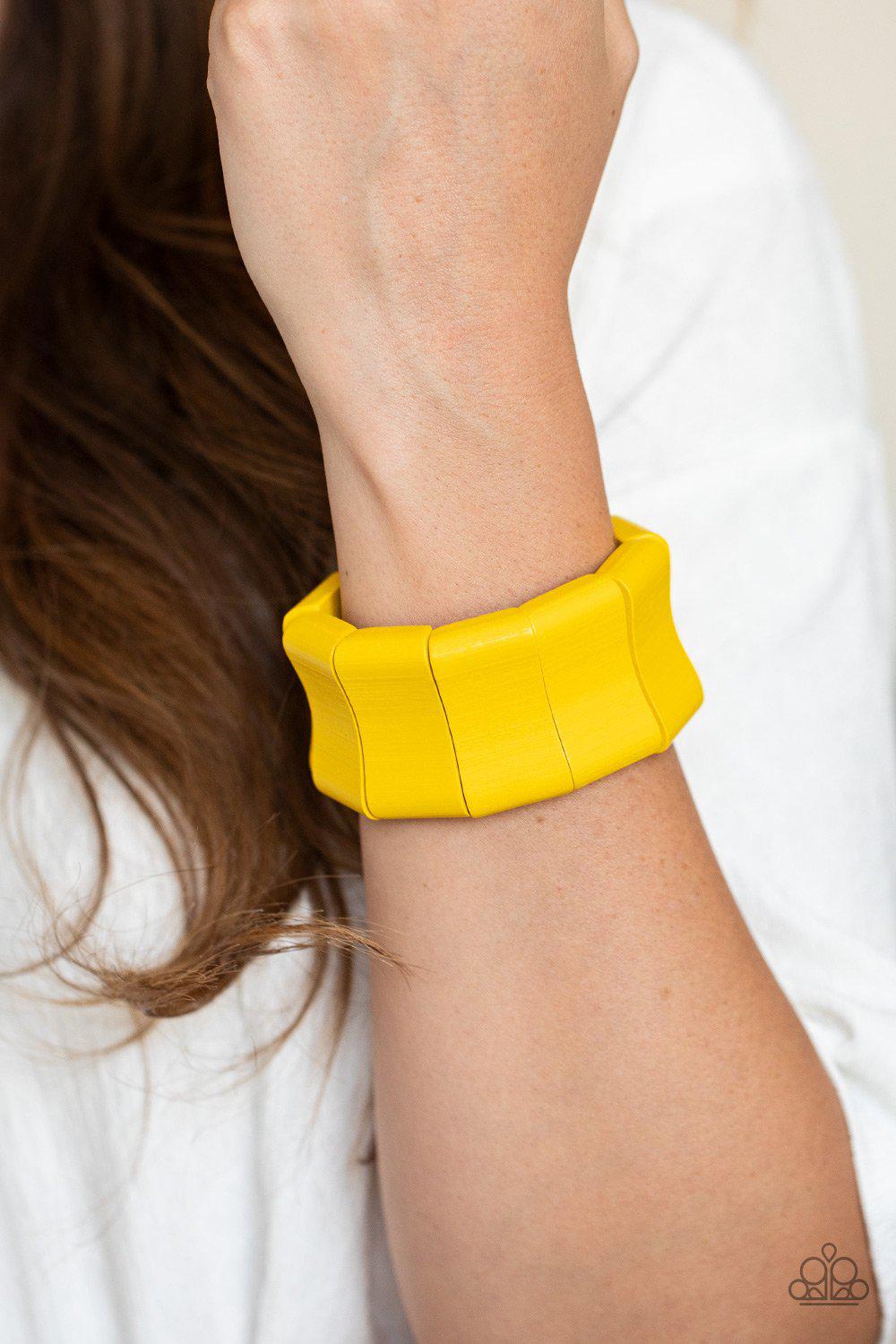 Caribbean Couture Yellow Wood Bracelet - Paparazzi Accessories- on model - CarasShop.com - Paparazzi Jewelry by Cara Jewels