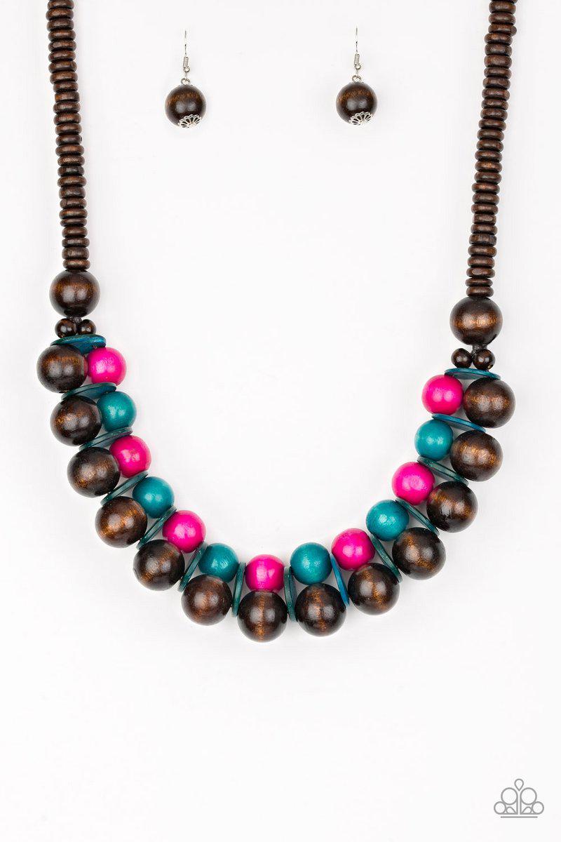 Caribbean Cover Girl Multi Brown, Pink and Blue Wood Necklace - Paparazzi Accessories- lightbox - CarasShop.com - Paparazzi Jewelry by Cara Jewels