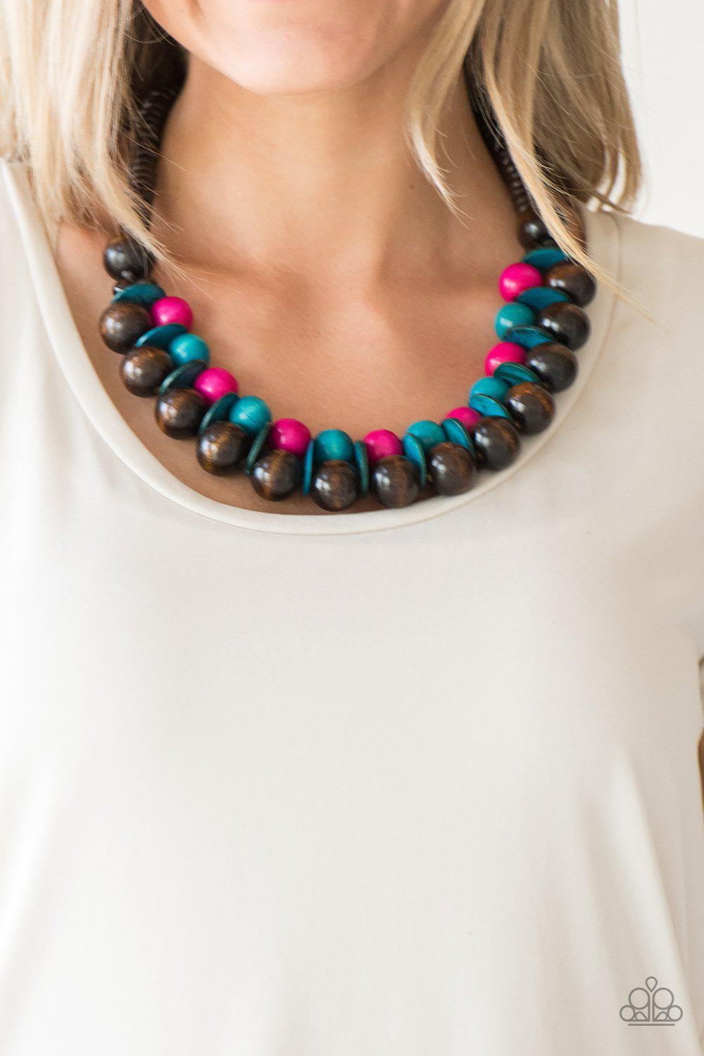 Caribbean Cover Girl Multi Brown, Pink and Blue Wood Necklace - Paparazzi Accessories- on model - CarasShop.com - Paparazzi Jewelry by Cara Jewels