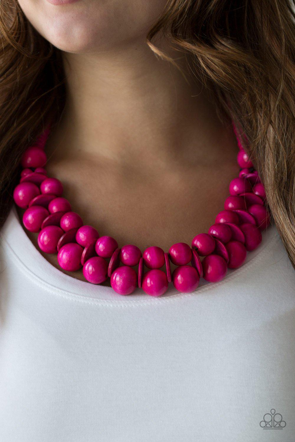 Caribbean Cover Girl Pink Wood Necklace - Paparazzi Accessories- on model - CarasShop.com - Paparazzi Jewelry by Cara Jewels