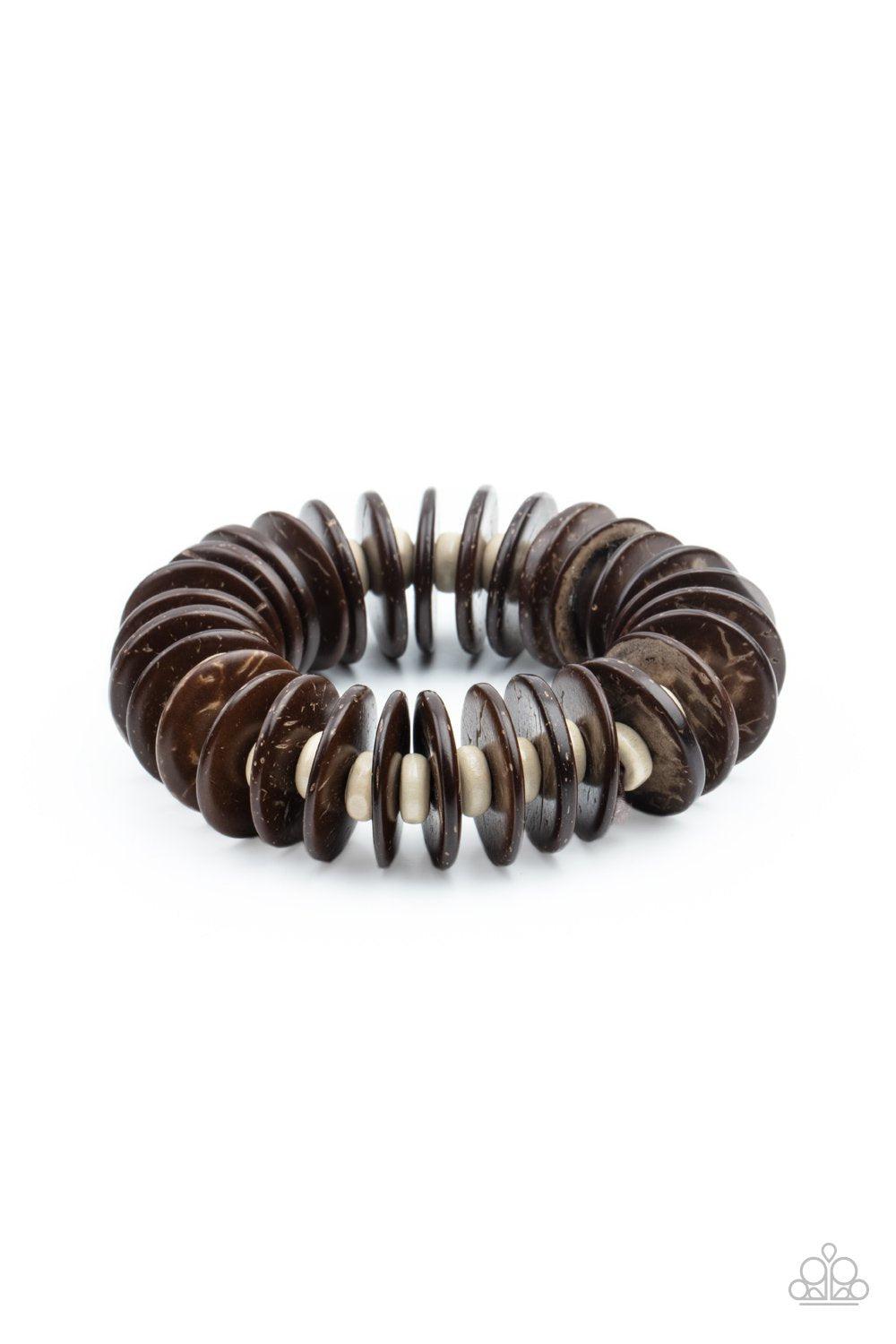 Caribbean Reefs Brown and White Wood Bracelet - Paparazzi Accessories- lightbox - CarasShop.com - Paparazzi Jewelry by Cara Jewels