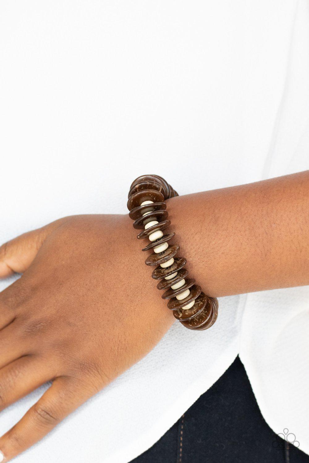 Caribbean Reefs Brown and White Wood Bracelet - Paparazzi Accessories- on model - CarasShop.com - Paparazzi Jewelry by Cara Jewels