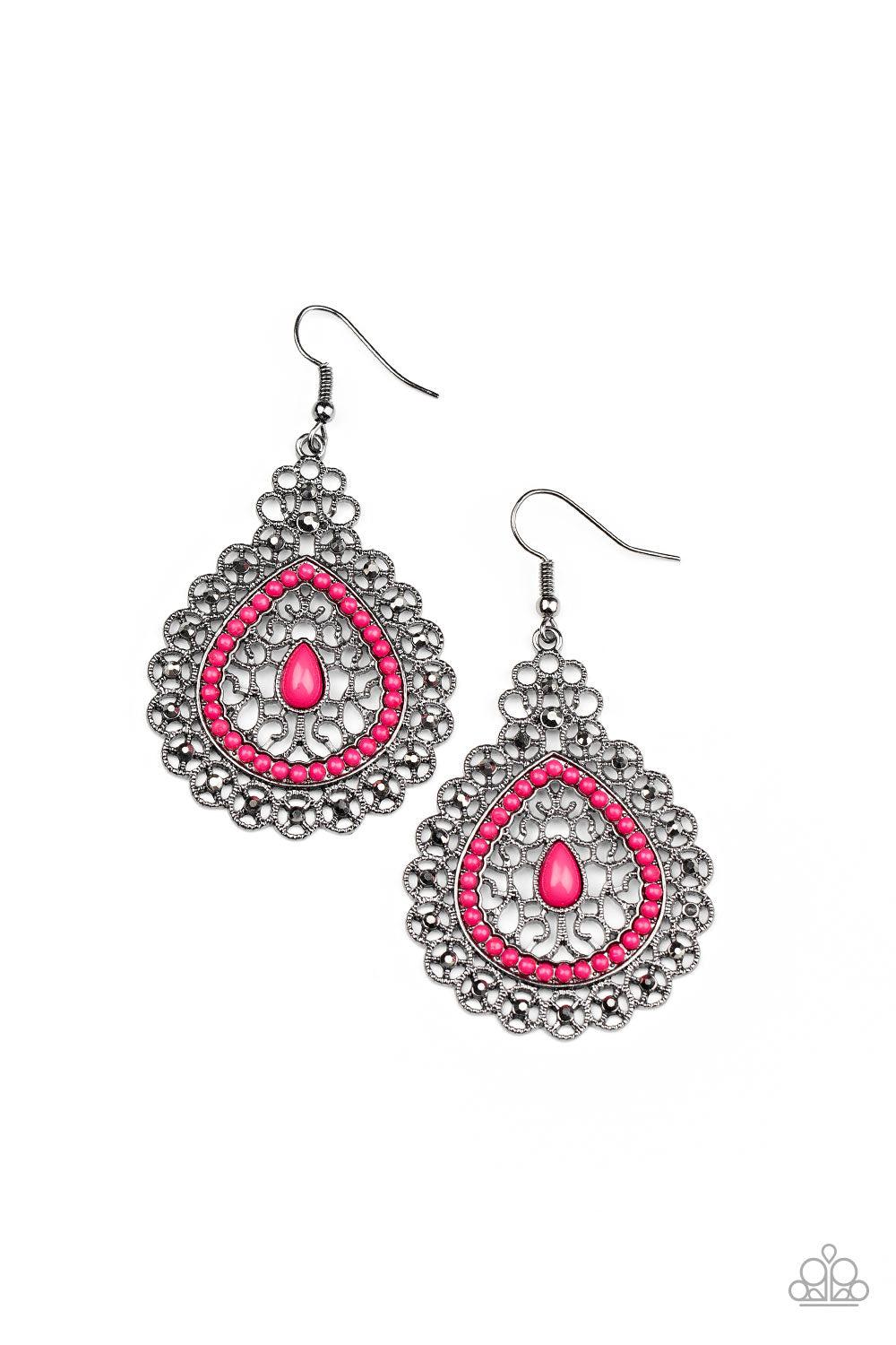 Carnival Courtesan Pink and Gunmetal Earrings - Paparazzi Accessories- lightbox - CarasShop.com - Paparazzi Jewelry by Cara Jewels