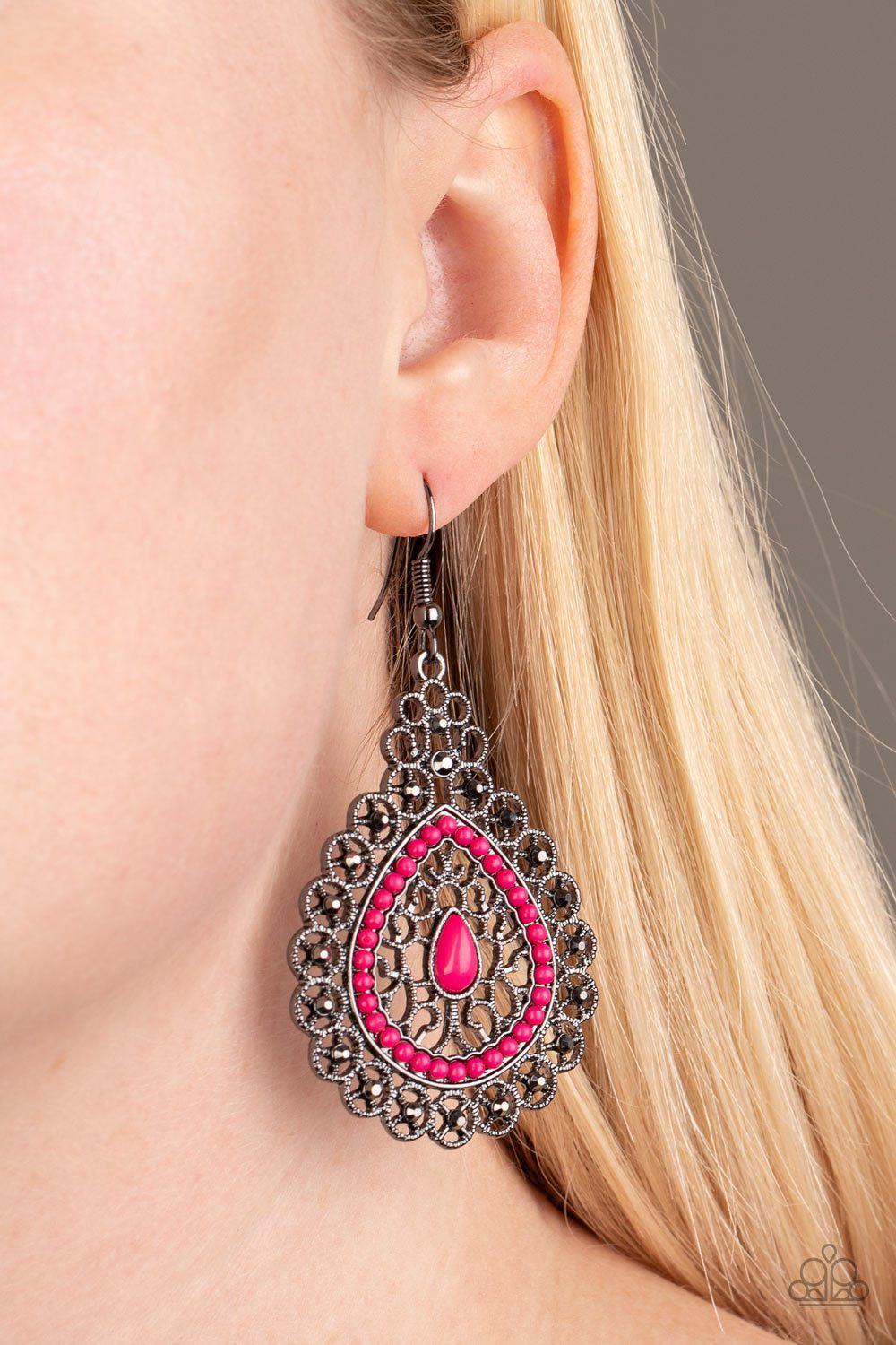 Carnival Courtesan Pink and Gunmetal Earrings - Paparazzi Accessories- on model - CarasShop.com - Paparazzi Jewelry by Cara Jewels