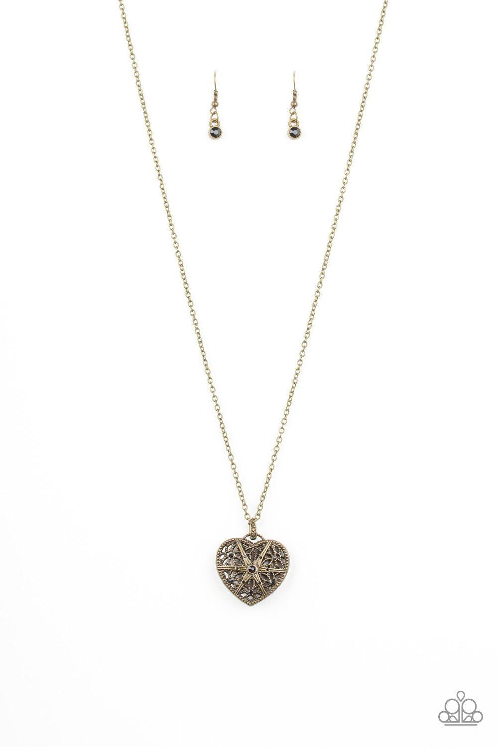 Casanova Charm Black Rhinestone and Brass Heart Necklace - Paparazzi Accessories- lightbox - CarasShop.com - Paparazzi Jewelry by Cara Jewels