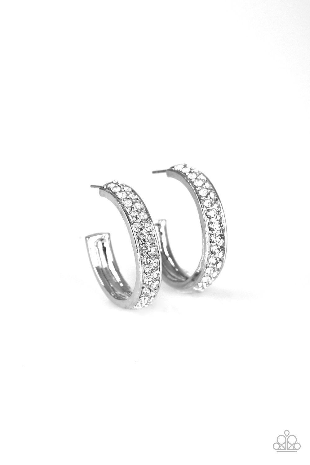 Cash Flow White Rhinestone Hoop Earrings - Paparazzi Accessories- lightbox - CarasShop.com - Paparazzi Jewelry by Cara Jewels