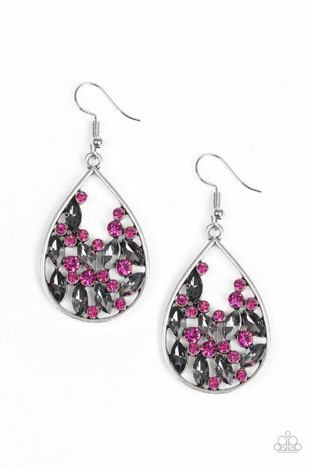 Cash or Crystal? Pink and Smoky Silver Earrings - Paparazzi Accessories- lightbox - CarasShop.com - Paparazzi Jewelry by Cara Jewels