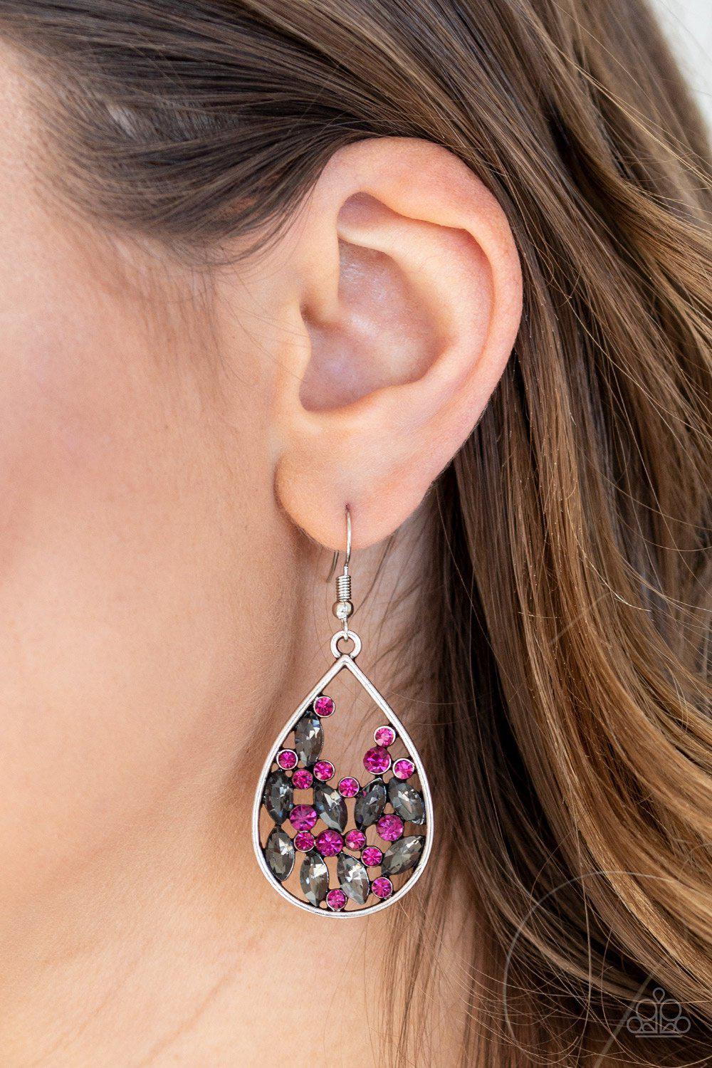 Cash or Crystal? Pink and Smoky Silver Earrings - Paparazzi Accessories- on model - CarasShop.com - Paparazzi Jewelry by Cara Jewels