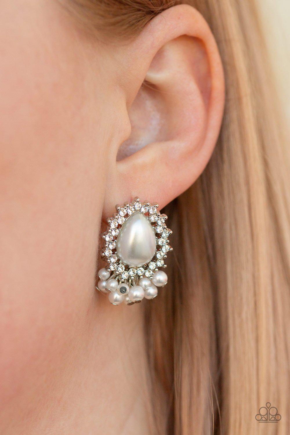 Castle Cameo White Pearl Post Earrings - Paparazzi Accessories- on model - CarasShop.com - Paparazzi Jewelry by Cara Jewels