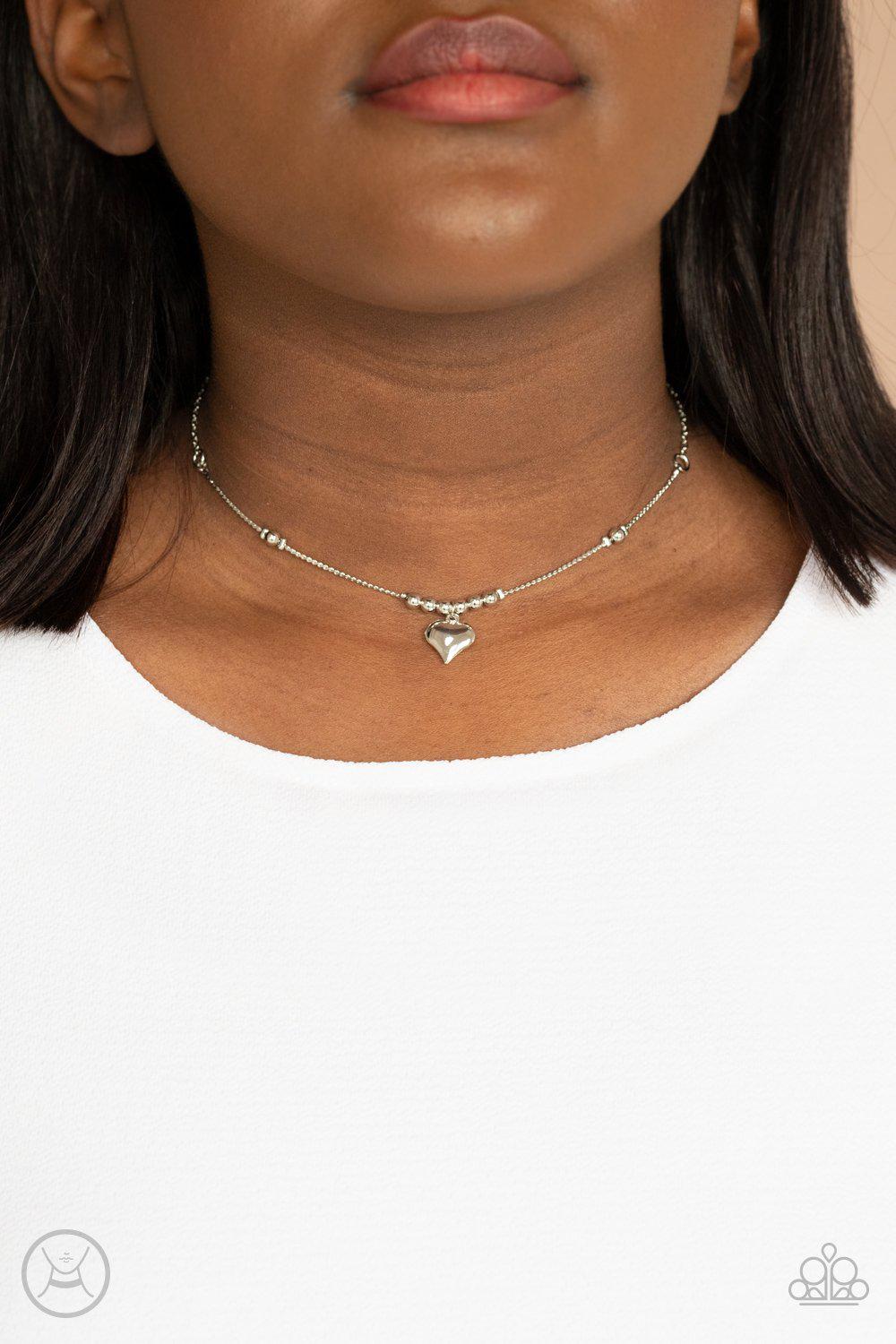 Casual Crush Silver Heart Choker Necklace - Paparazzi Accessories- on model - CarasShop.com - Paparazzi Jewelry by Cara Jewels