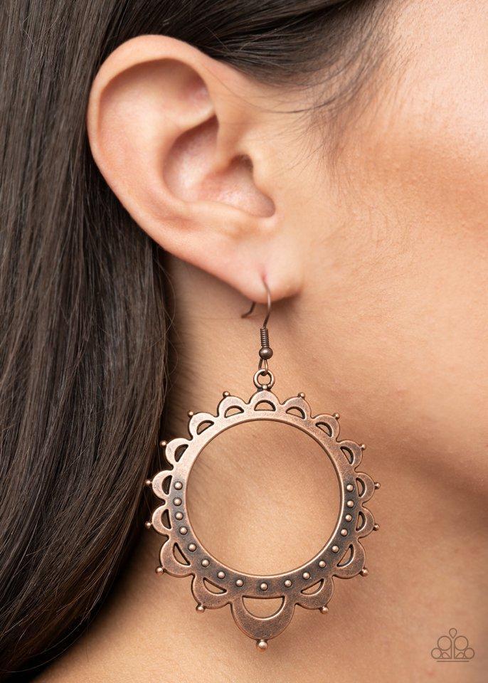 Casually Capricious Copper Earrings - Paparazzi Accessories- on model - CarasShop.com - Paparazzi Jewelry by Cara Jewels