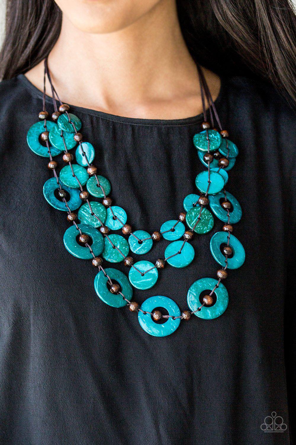 Catalina Coastin' Blue Wood Necklace - Paparazzi Accessories- on model - CarasShop.com - Paparazzi Jewelry by Cara Jewels